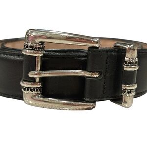 Albatros Black Leather Belt XL Double Prong Silver Buckle Made in Italy